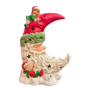 Vtg Santa Elves Celestial Crescent Moon Star Christmas tealight 9" whimsical